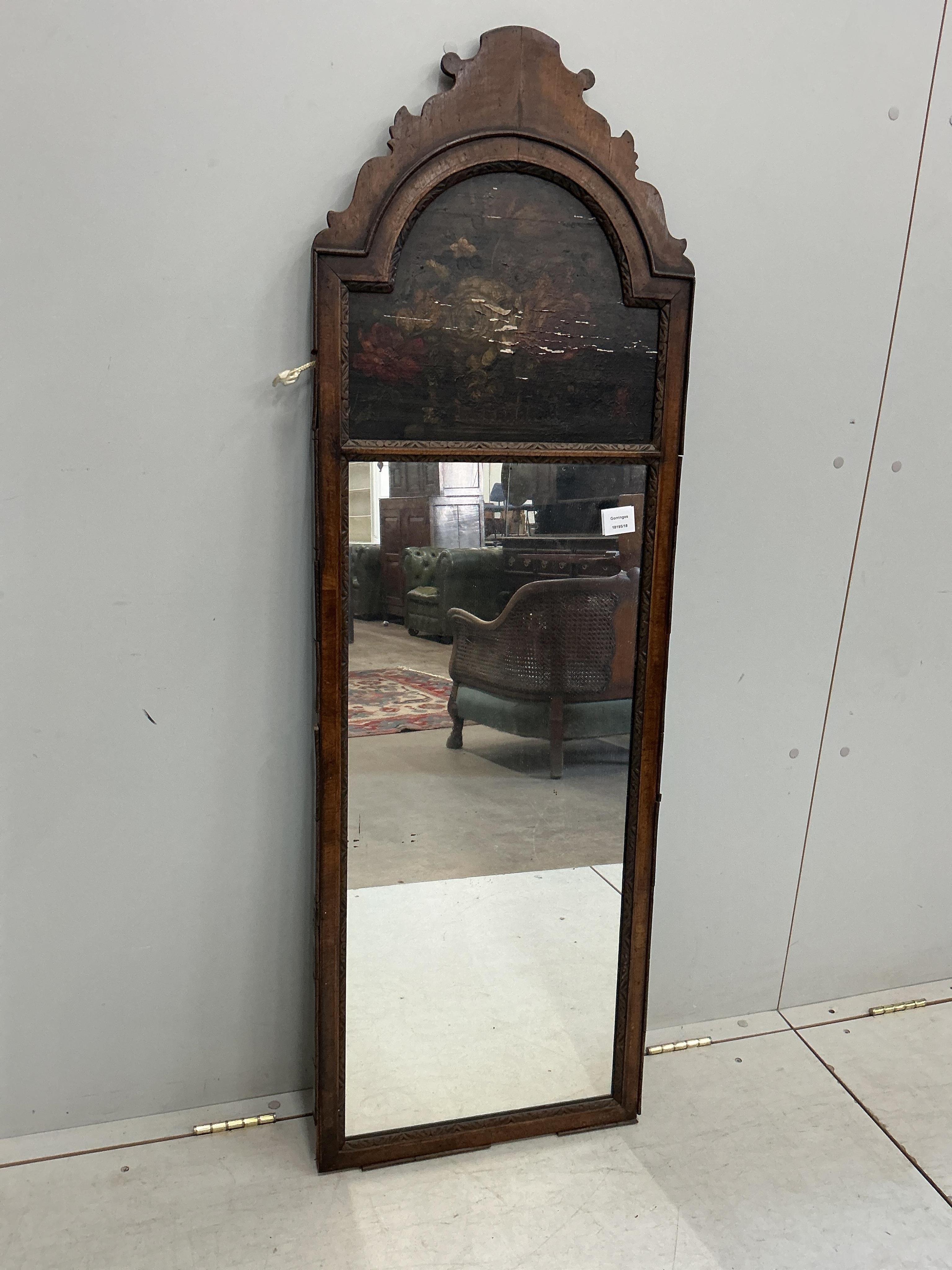 A Queen Anne style walnut trumeau mirror, width 45cm, height 138cm
